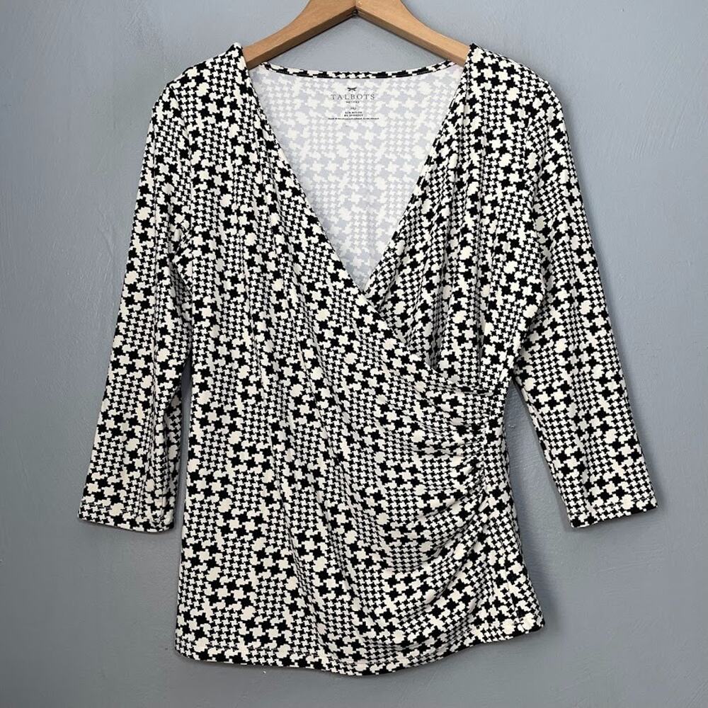 Talbots Faux Wrap Top Size Petite Medium Houndstooth Ruched Knit Academia Preppy